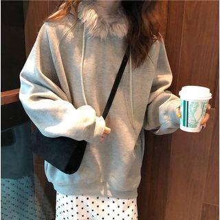 Drawstring Furry Trim Hooded Pullover