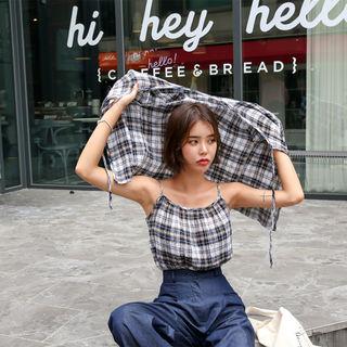 Set: Tie-front Plaid Cardigan + Sleeveless Top