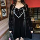 Long-sleeve Beaded Heart Mini A-line Dress Black - One Size