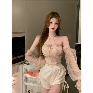 Halter-neck Mesh Crop Top / Drawstring Sweatshorts