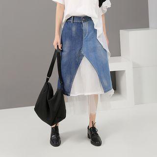 Mesh Panel Denim Semi Skirt Blue - One Size
