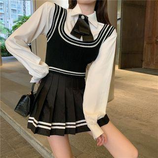 Tie-neck Shirt / Contrast Trim Vest / Pleated Skirt