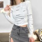 Fluffy Trim Lettering Cropped T-shirt