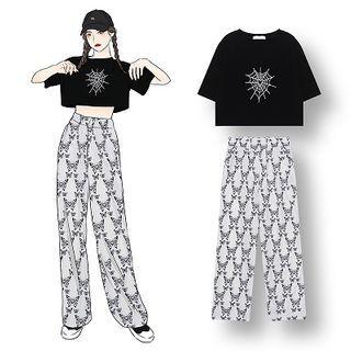 Heart Short-sleeve T-shirt / Printed Wide Leg Pants