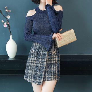 Set: Cold Shoulder Long-sleeve Knit Top + Tweed A-line Skirt
