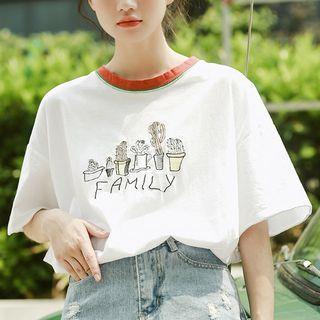 Short-sleeve Plant Embroidered T-shirt White - One Size