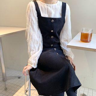 Faux-gem Button Long Pinafore Dress Black - One Size