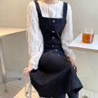 Faux-gem Button Long Pinafore Dress Black - One Size