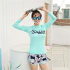 Set: Lettering Rashguard + Pineapple Patterned Swim Shorts