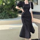 Square-neck Puff-sleeve Ribbon Dress