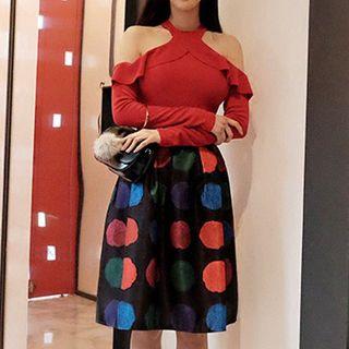 Set: Cutout Ruffled Top + Dot Skirt