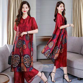 Set: Short-sleeve Long Jacket + Wide-leg Pants