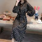 Dotted Tie-neck Long-sleeve Midi A-line Dress