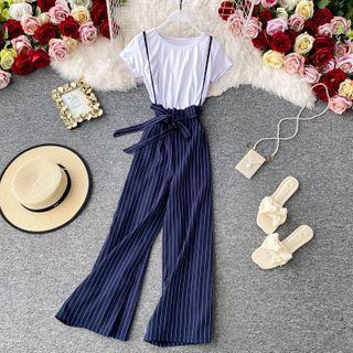 Set: Pinstripe Wide-leg Jumper Pants + Short-sleeve Top
