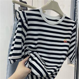 Short-sleeve Ruffle Trim Cherry Embroidered Striped T-shirt Stripes - Black & White - One Size