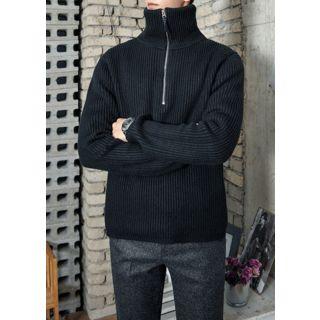 Zip-front High-neck Ribbed Sweater