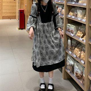 Puff-sleeve Rose Printed Dress Dress - One Size