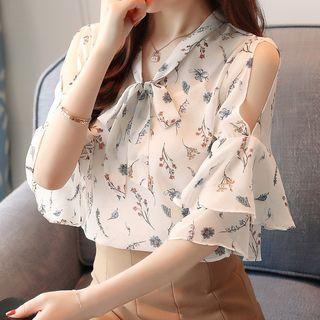 Cold Shoulder Floral Short-sleeve Blouse