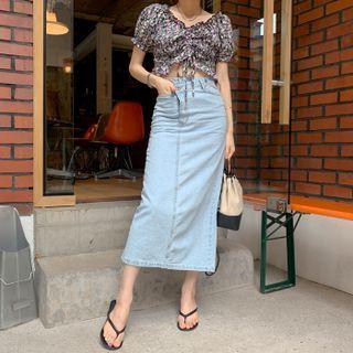 Asymmetric-waist Long Denim Skirt