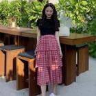 Short-sleeve T-shirt / Midi Plaid Layered Skirt