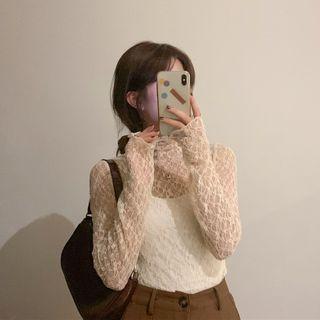 Mock-neck Lettuce-edge Lace Top Black - One Size