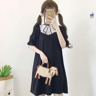 Lace-trim Bell-sleeve A-line Dress Black - One Size