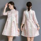 3/4-sleeve Flower Jacquard Mini Qipao Dress
