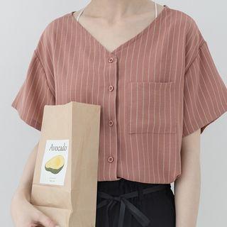 V-neck Striped Short-sleeve Shirt