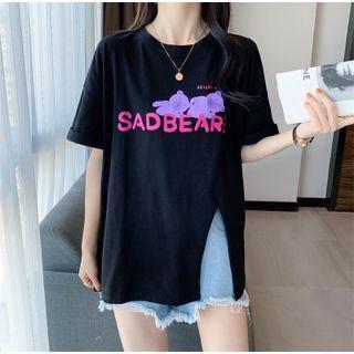 Short-sleeve Bear Print Slit T-shirt