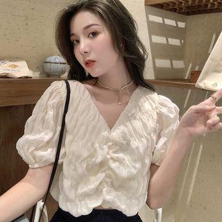 Puff-sleeve V-neck Textured Top