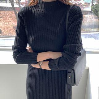 Crew-neck Rib-knit Dress Black - One Size