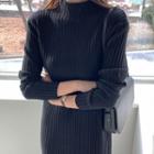 Crew-neck Rib-knit Dress Black - One Size