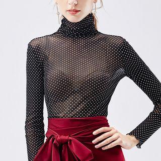 Long-sleeve Turtle-neck Dotted Mesh Top