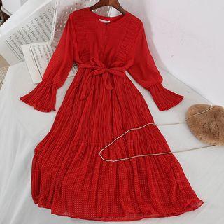 Bell-sleeve Midi A-line Dotted Dress