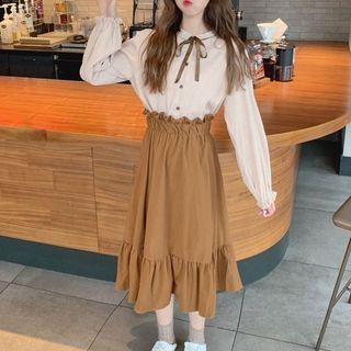 High Waist A-line Skirt / Bow Accent Corduroy Shirt