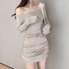 Long-sleeve Crinkled Mini A-line Dress Nude Almond - One Size