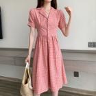Checked Short-sleeve A-line Dress Red - One Size