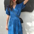 Short-sleeve Patterned A-line Midi Dress Blue - One Size