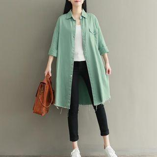 Long-sleeve Embroidery Fray-trim Long Shirt