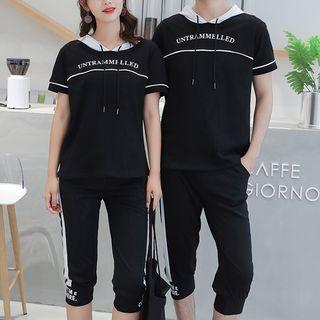 Couple Matching Set: Lettering Hooded Short-sleeve T-shirt + Sweatpants