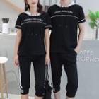 Couple Matching Set: Lettering Hooded Short-sleeve T-shirt + Sweatpants