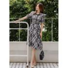 Tab-waist Plaid Midi Shirtwaist Dress With Belt