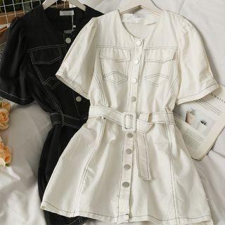 Stitched Slim-fit Mini Shirtdress With Belt