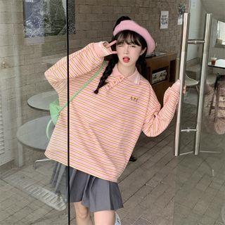 Striped Collared Sweatshirt Yellow Stripes - Pink - One Size