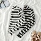 Zip-accent Stand Collar Striped Knit Top