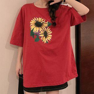 Sunflower Print Short-sleeve Cropped Tee