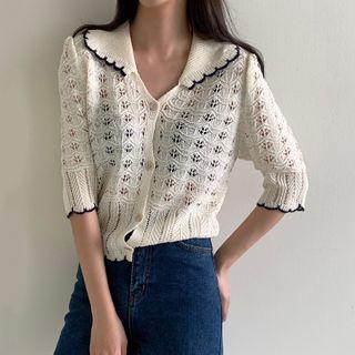 Short-sleeve Pointelle Knit Cardigan White - One Size