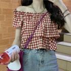 Off-shoulder Gingham Cropped Blouse Gingham - Red & White - One Size