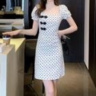 Puff-sleeve Frog Buttoned Dotted A-line Dress