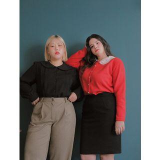 Peterpan-collar Balloon-sleeve Pintuck Blouse